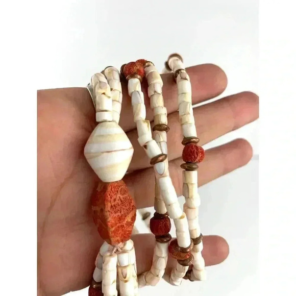 Natural Stone Seashell Beaded Necklace with Dangle Accent Long Wired Boho Style - Picture 8 of 12